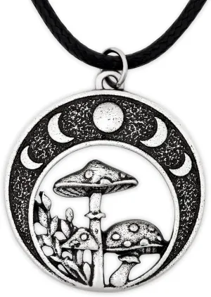 HAQUIL Mushroom Necklace, Magical Mushroom Moon Phase Lunar Cycle Pendant, Faux Leather Cord, Jewelry Gift for Women