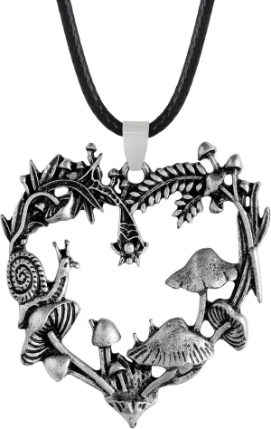 HAQUIL Vintage Nature Mushroom Snail Spider Leaf Pendant Necklace, Faux Leather Cord, Mushroom Jewelry Gift for Women