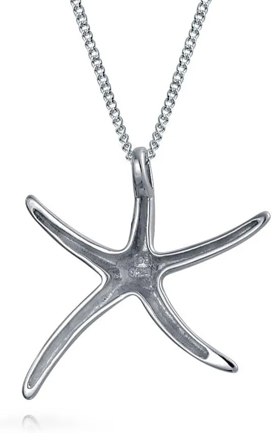 Hawaii Ocean Sea Life Tropical Beach Vacation Nautical Starfish Pendant Necklace Ear Cuff Drop Stud Earrings Jewelry Set For Women Teens .925 Sterling Silver