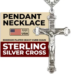 Heartland Store Men's Crucifix Sterling Silver Pendant Necklace- 24" Rhodium-Plated Heavy Curb Chain, Tarnish-Resistant, Meaningful Necklace, USA-Made