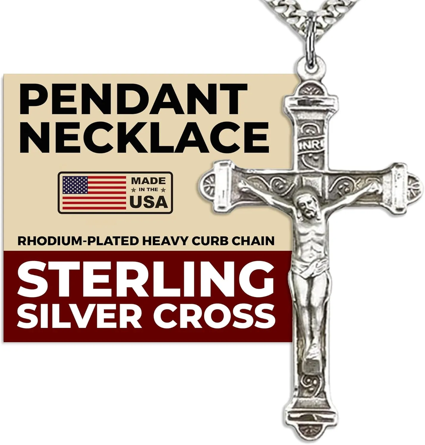 Heartland Store Men's Crucifix Sterling Silver Pendant Necklace- 24" Rhodium-Plated Heavy Curb Chain, Tarnish-Resistant, Meaningful Necklace, USA-Made