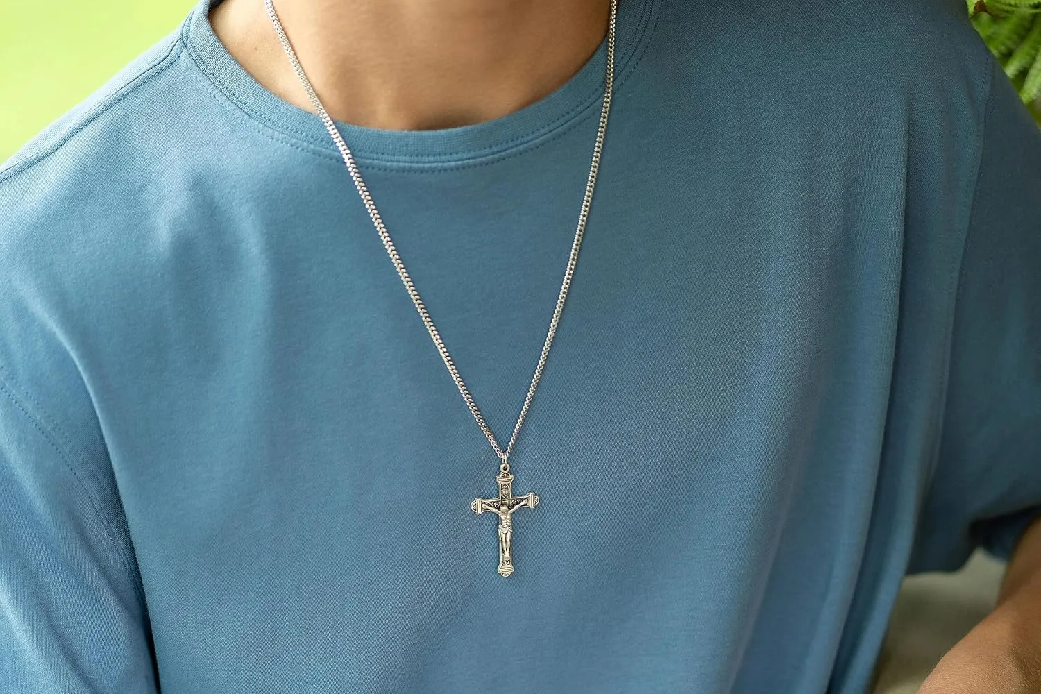 Heartland Store Men's Crucifix Sterling Silver Pendant Necklace- 24" Rhodium-Plated Heavy Curb Chain, Tarnish-Resistant, Meaningful Necklace, USA-Made