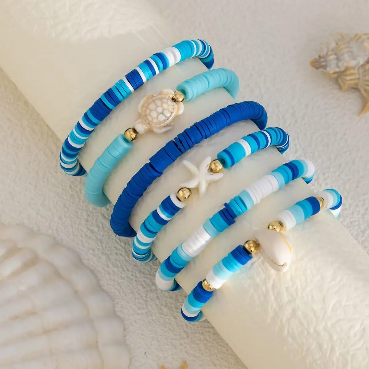 Heishi Surfer Bracelets Set Boho Clay Beaded Starfish Shell Flower Stackable Beaded Stretch Bracelets Friendship Hawaiian Summer Beach Jewelry for Women