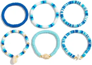 Heishi Surfer Bracelets Set Boho Clay Beaded Starfish Shell Flower Stackable Beaded Stretch Bracelets Friendship Hawaiian Summer Beach Jewelry for Women