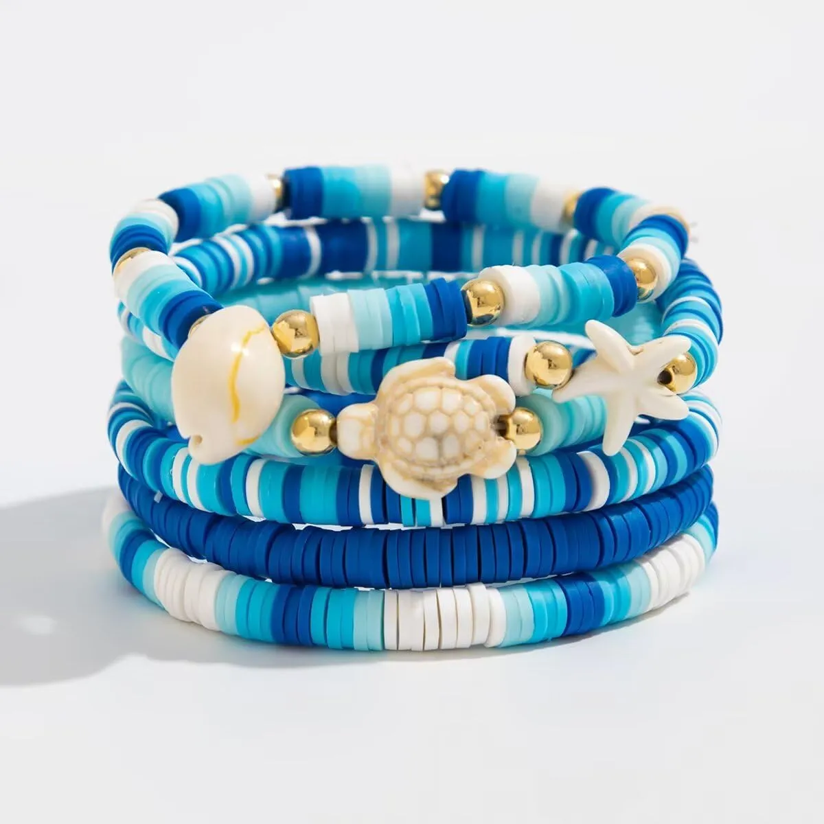 Heishi Surfer Bracelets Set Boho Clay Beaded Starfish Shell Flower Stackable Beaded Stretch Bracelets Friendship Hawaiian Summer Beach Jewelry for Women