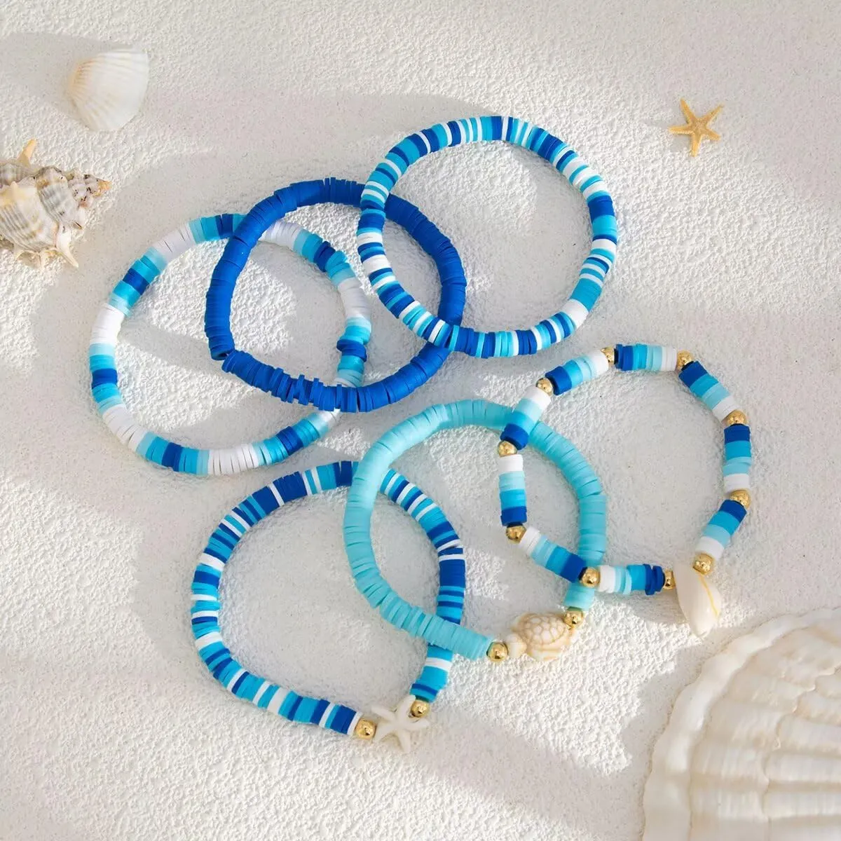 Heishi Surfer Bracelets Set Boho Clay Beaded Starfish Shell Flower Stackable Beaded Stretch Bracelets Friendship Hawaiian Summer Beach Jewelry for Women