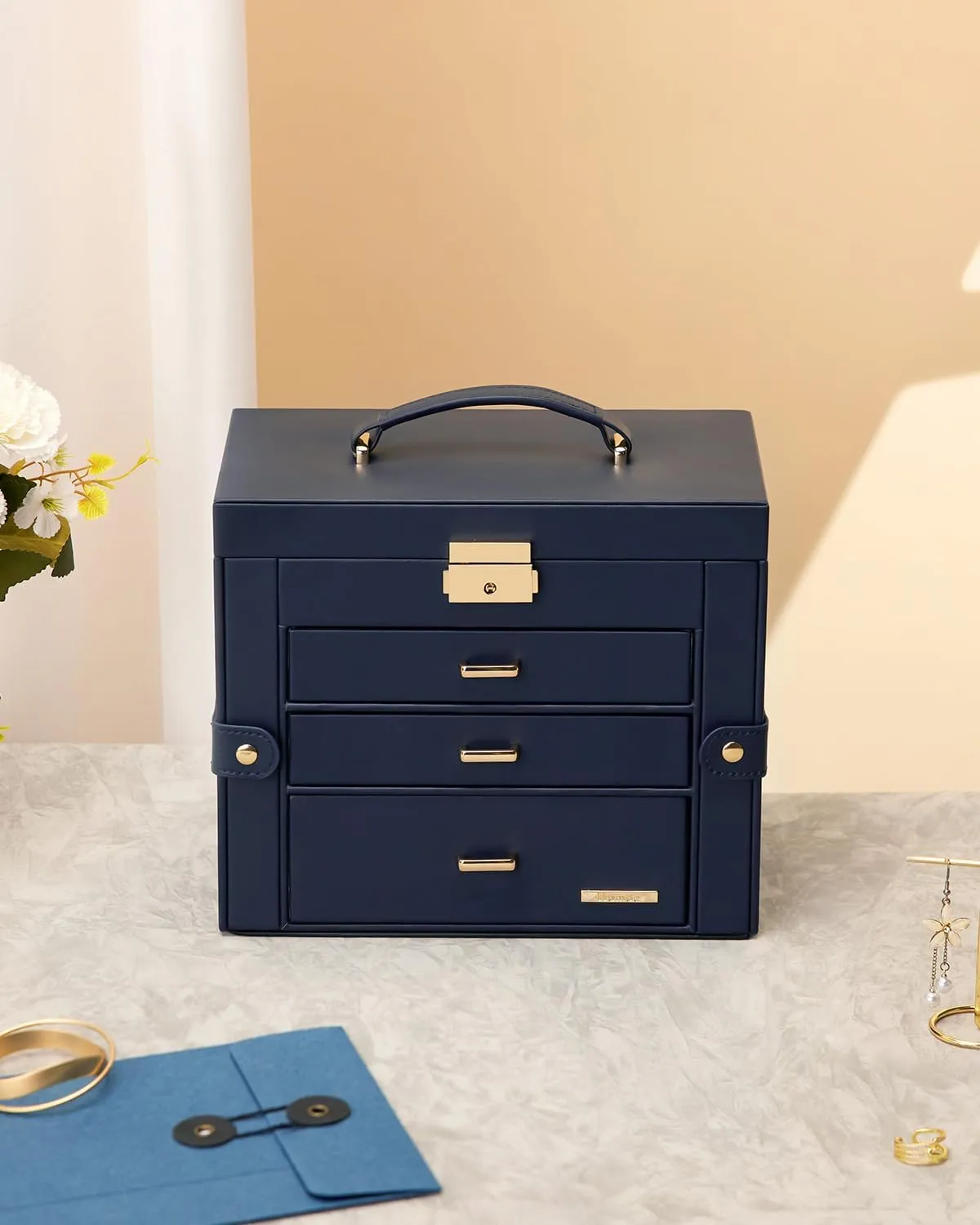 Homde 2 IN 1 Jewelry Box for Women Girls with Small Travel Case Mirror Necklace Ring Earrings Organizer (Dark Blue   Gold)
