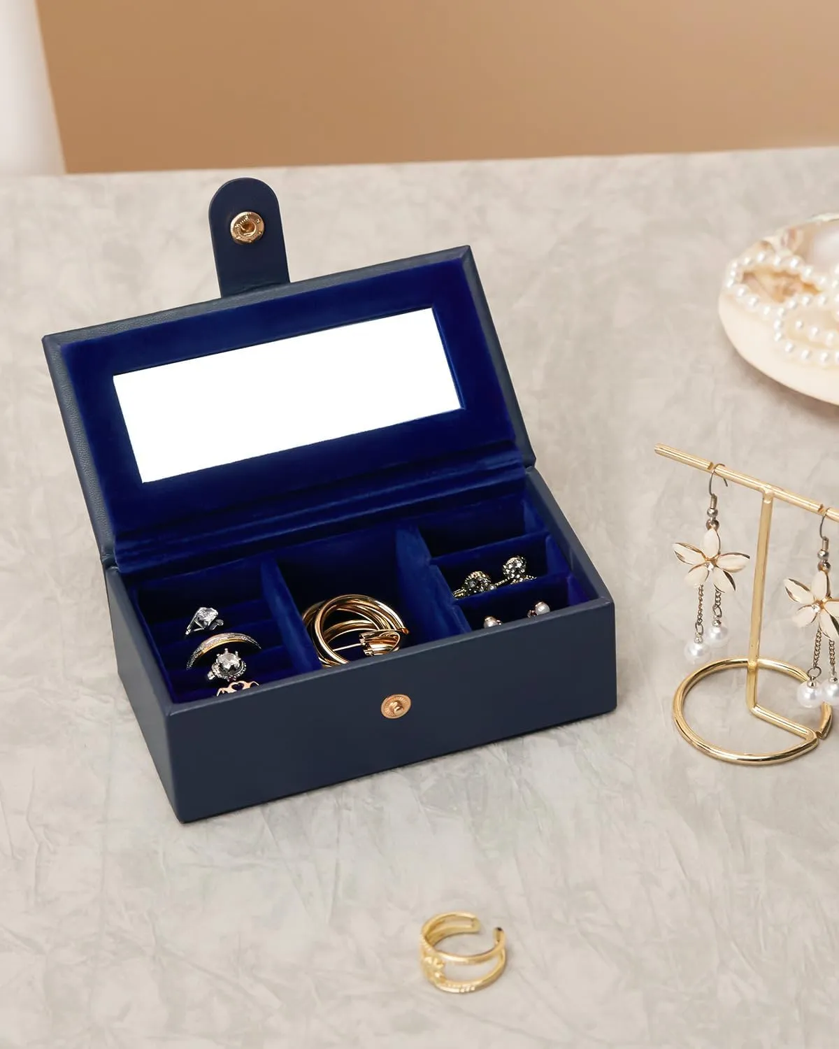 Homde 2 IN 1 Jewelry Box for Women Girls with Small Travel Case Mirror Necklace Ring Earrings Organizer (Dark Blue   Gold)