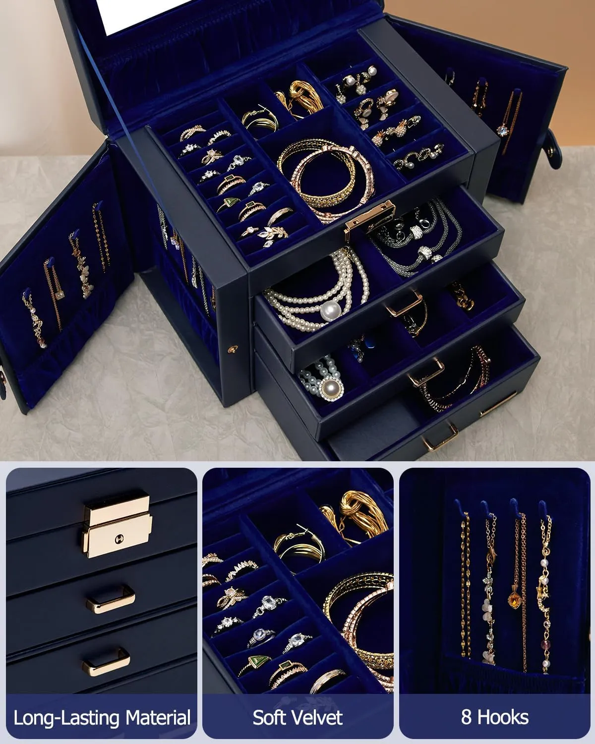 Homde 2 IN 1 Jewelry Box for Women Girls with Small Travel Case Mirror Necklace Ring Earrings Organizer (Dark Blue   Gold)