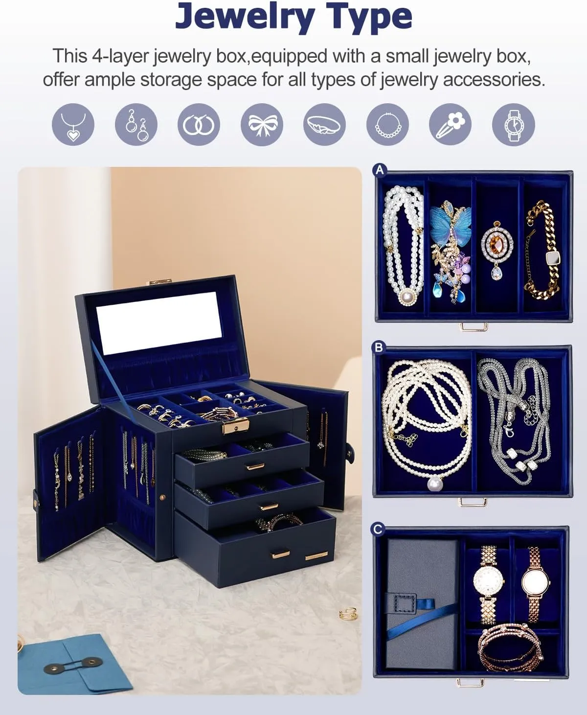 Homde 2 IN 1 Jewelry Box for Women Girls with Small Travel Case Mirror Necklace Ring Earrings Organizer (Dark Blue   Gold)
