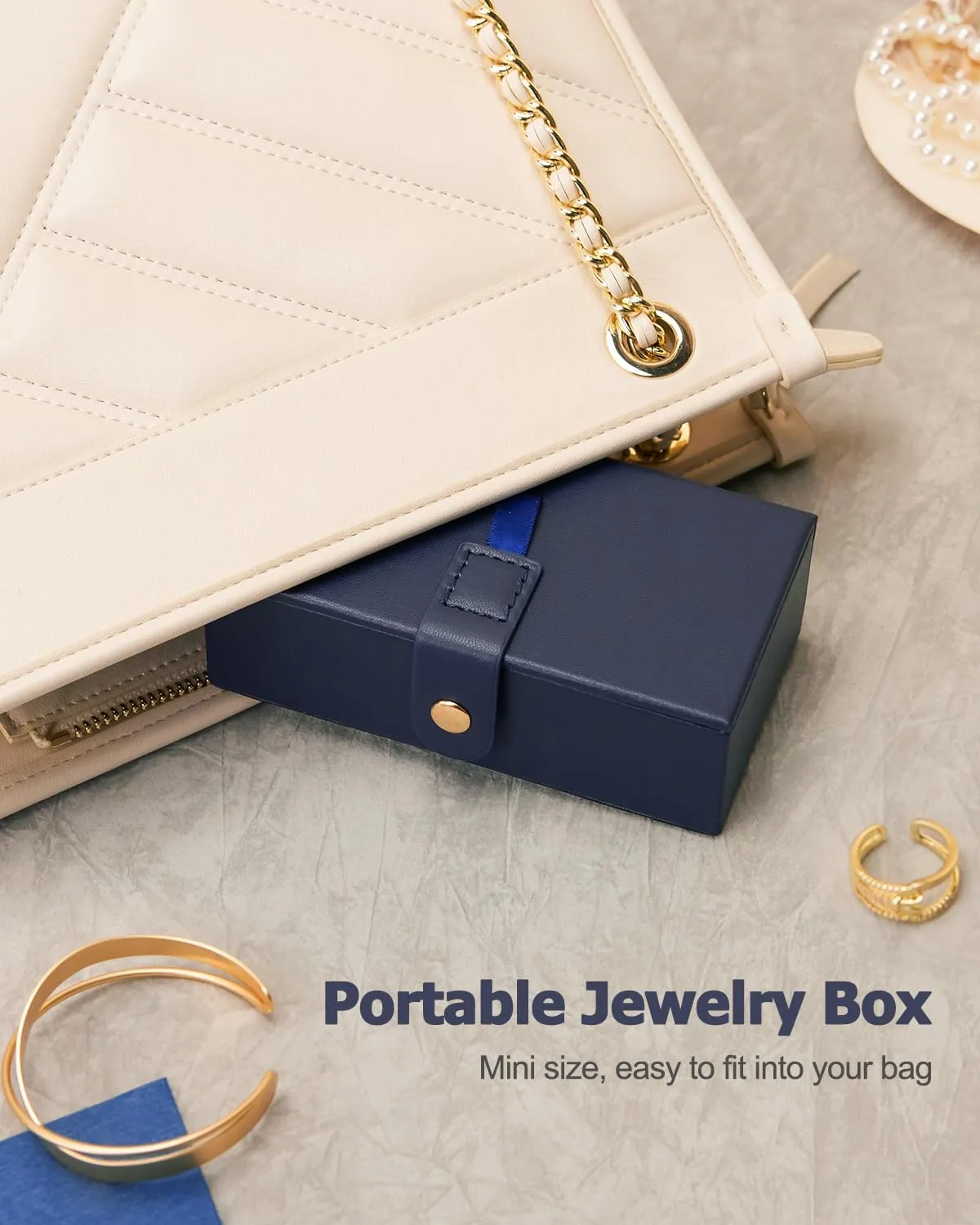 Homde 2 IN 1 Jewelry Box for Women Girls with Small Travel Case Mirror Necklace Ring Earrings Organizer (Dark Blue   Gold)