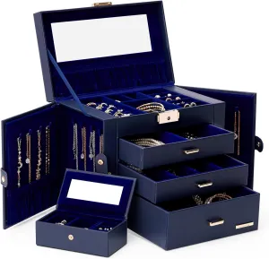 Homde 2 IN 1 Jewelry Box for Women Girls with Small Travel Case Mirror Necklace Ring Earrings Organizer (Dark Blue   Gold)