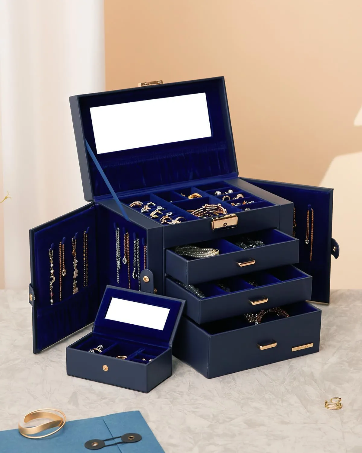 Homde 2 IN 1 Jewelry Box for Women Girls with Small Travel Case Mirror Necklace Ring Earrings Organizer (Dark Blue   Gold)