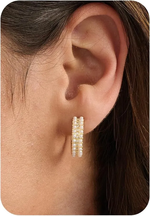 Hoop Earrings for Women-14K Gold Plated Leaf Twist Pearl Dot Boho Huggie Earrings for Women Gifts