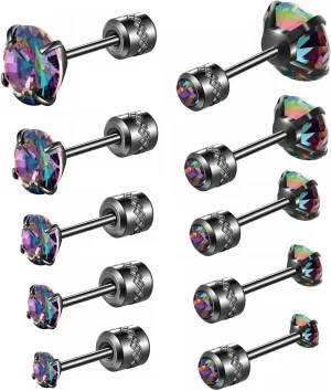 Hopply 5 Pairs Titanium Screw Back Cubic Zirconia Studs for Women Men