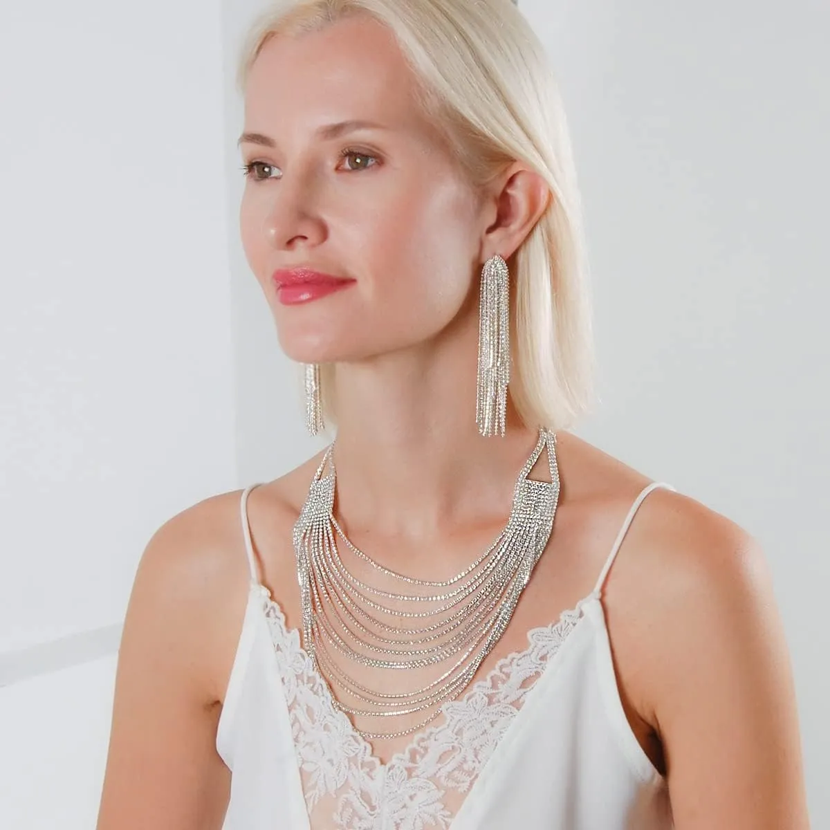 Humble Chic NY Simulated Diamond Statement Necklace for Women - Layered Cubic Zirconia Short Waterfall Chain Necklace