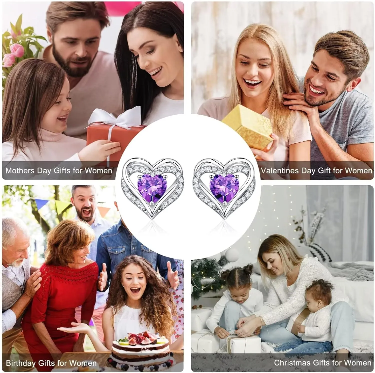 Iefil Birthstone Earrings for Women, S925 Sterling Silver Birthstone Heart Stud Earrings Birthday Gifts for Women