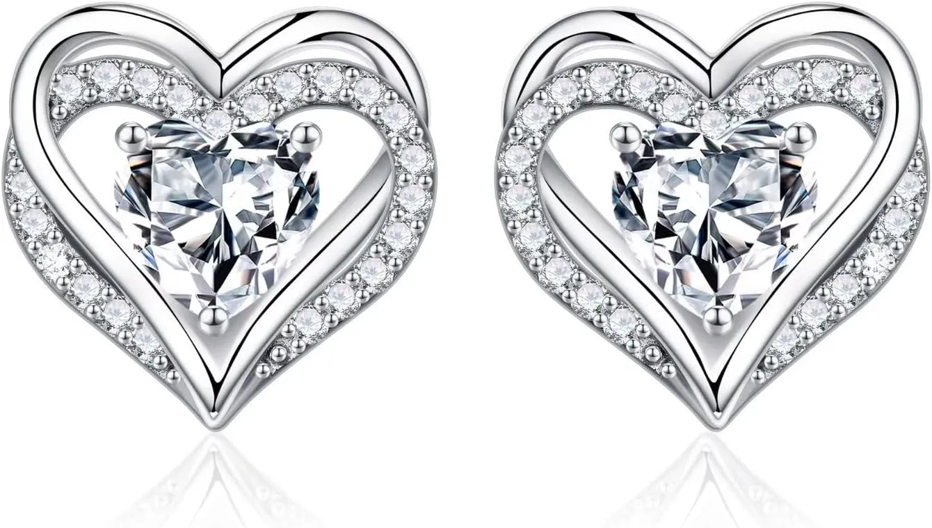 Iefil Birthstone Earrings for Women, S925 Sterling Silver Birthstone Heart Stud Earrings Birthday Gifts for Women