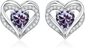 Iefil Birthstone Earrings for Women, S925 Sterling Silver Birthstone Heart Stud Earrings Birthday Gifts for Women