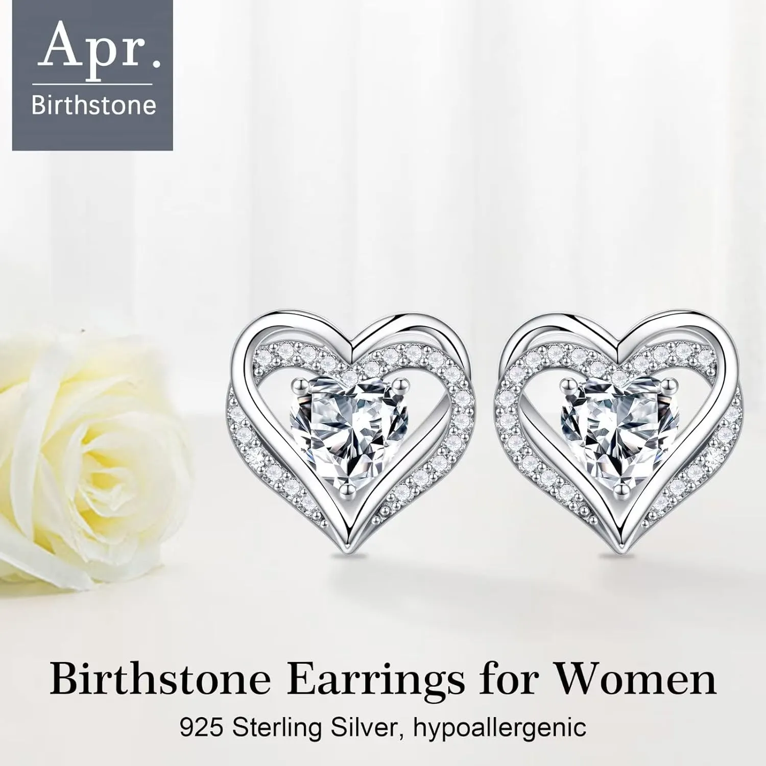 Iefil Birthstone Earrings for Women, S925 Sterling Silver Birthstone Heart Stud Earrings Birthday Gifts for Women