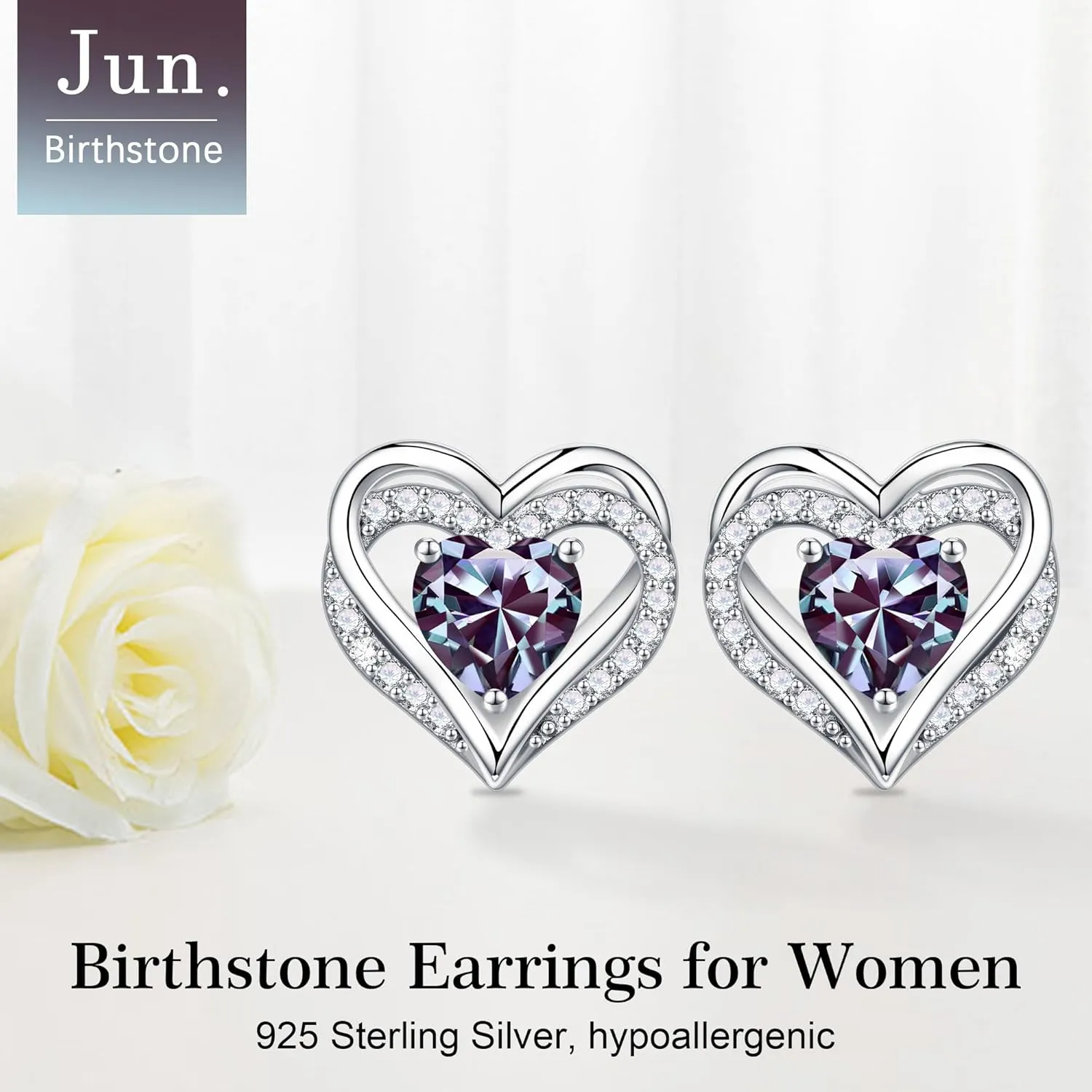 Iefil Birthstone Earrings for Women, S925 Sterling Silver Birthstone Heart Stud Earrings Birthday Gifts for Women