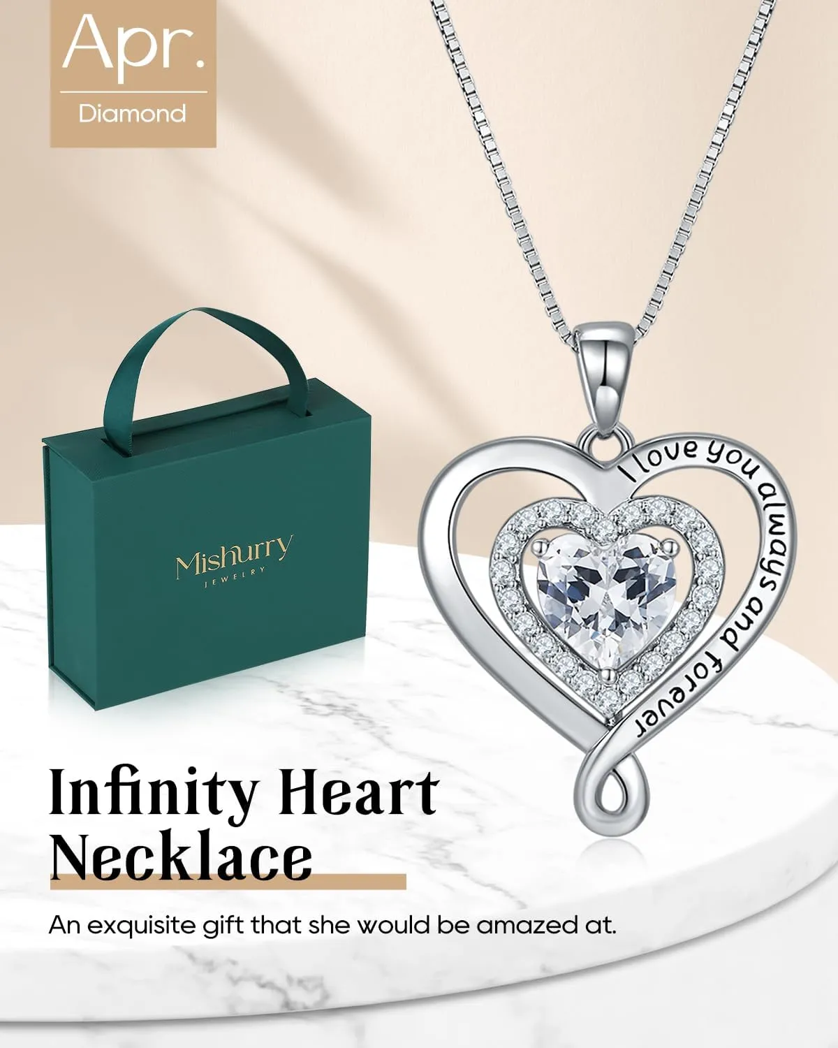 Infinity Heart Necklaces for Women | 925 Sterling Silver Diamond Jewelry for Wife Anniversary | Birthday Gifts for Her | Valentines Day Love Birthstone Pendant | Gifts for Mom on Mothers Day Christmas