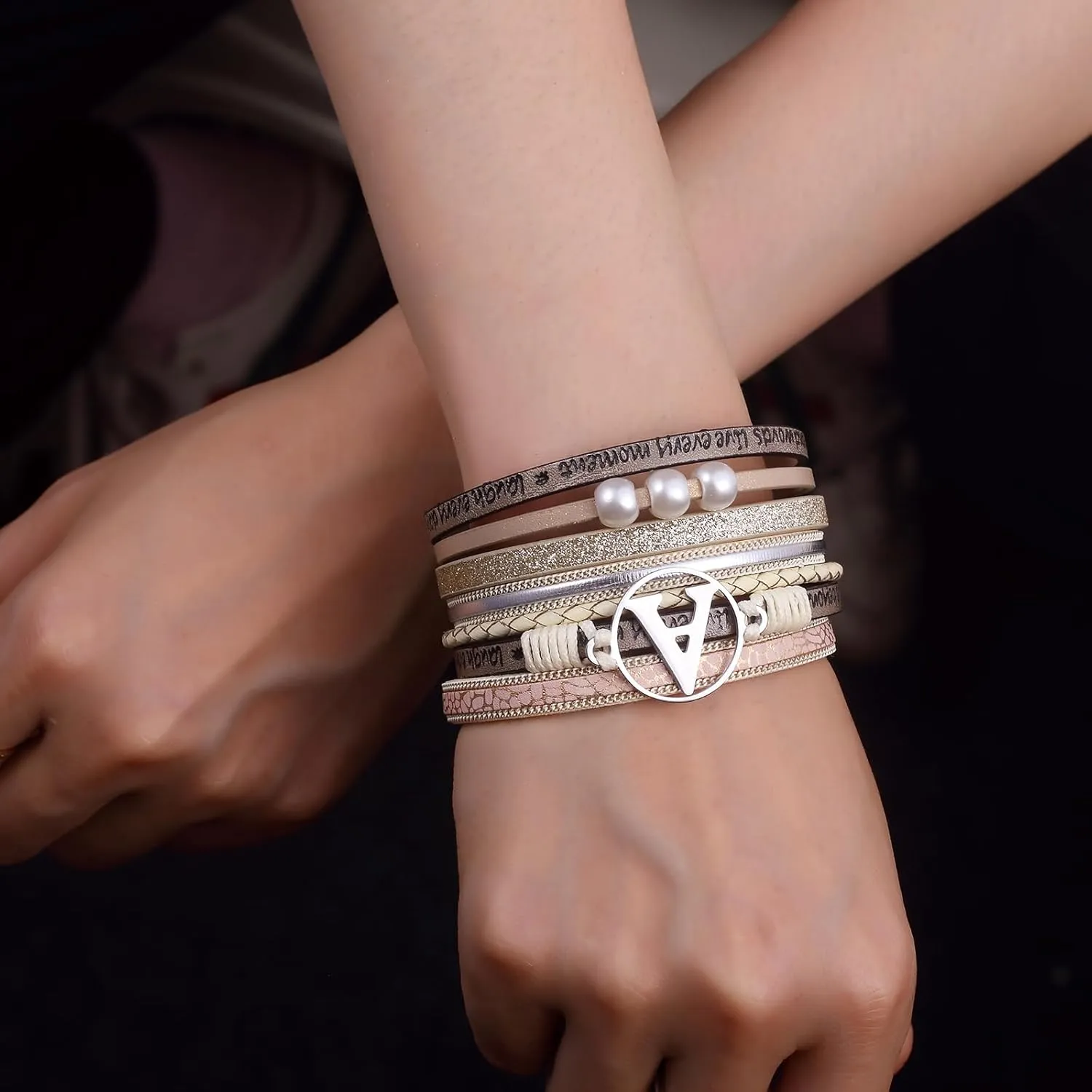 Initial Letter Leather Boho Bracelets for Women Wrap Cuff Bracelets Gifts for Women Trendy Pearl Beads Cuff Bracelet Jewelry