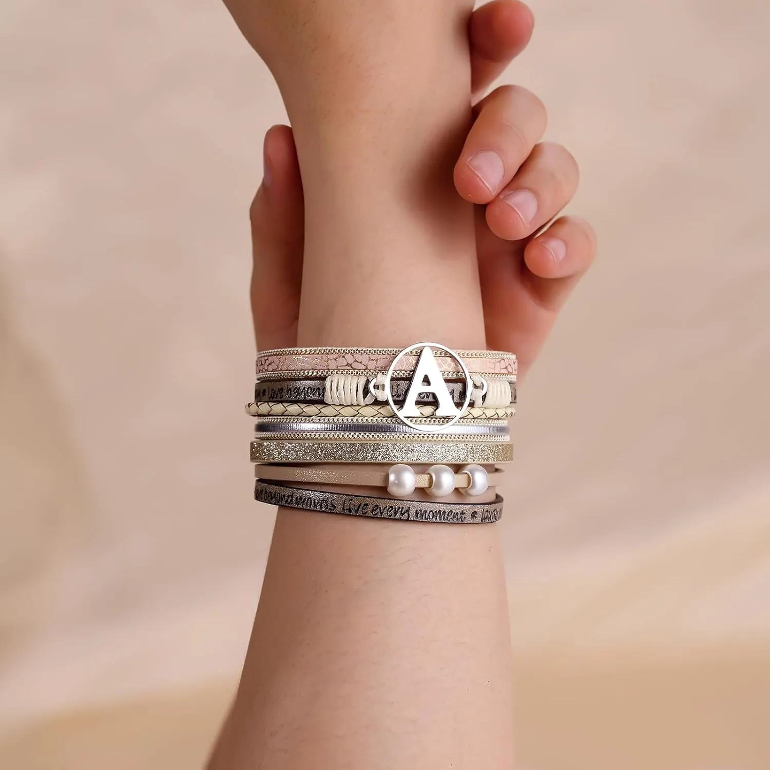 Initial Letter Leather Boho Bracelets for Women Wrap Cuff Bracelets Gifts for Women Trendy Pearl Beads Cuff Bracelet Jewelry