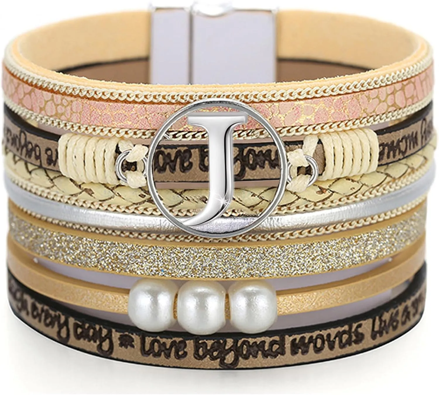 Initial Letter Leather Boho Bracelets for Women Wrap Cuff Bracelets Gifts for Women Trendy Pearl Beads Cuff Bracelet Jewelry