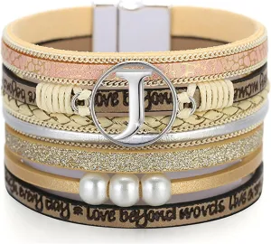 Initial Letter Leather Boho Bracelets for Women Wrap Cuff Bracelets Gifts for Women Trendy Pearl Beads Cuff Bracelet Jewelry
