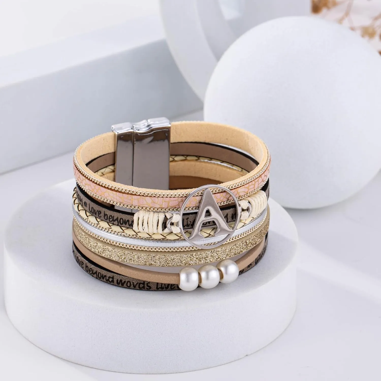 Initial Letter Leather Boho Bracelets for Women Wrap Cuff Bracelets Gifts for Women Trendy Pearl Beads Cuff Bracelet Jewelry