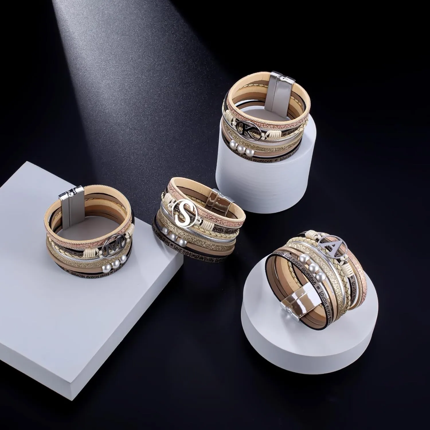 Initial Letter Leather Boho Bracelets for Women Wrap Cuff Bracelets Gifts for Women Trendy Pearl Beads Cuff Bracelet Jewelry