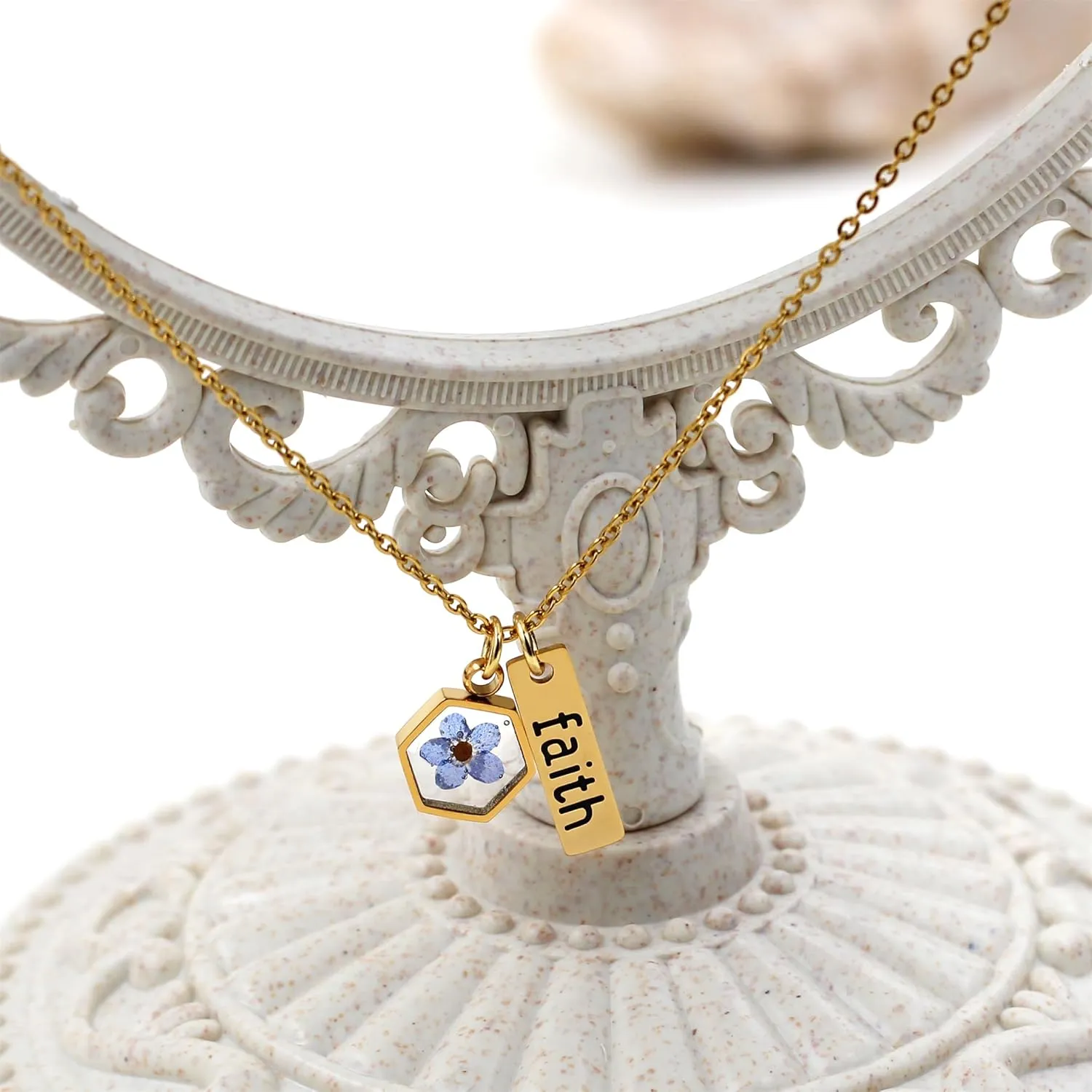 Inspirational Faith Tag Necklace with Epoxy Resin Charm and Genuine Mustard Seed | Gold Plated Meaningful Religious Jewelry for Women