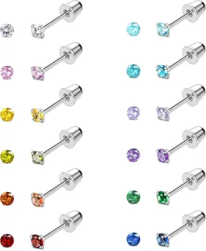 JeryWe 12 Pairs Screw Back Earrings for Women Stainless Steel Multicolored Cubic Zirconia Earrings 3mm /4mm/5mm Stud Earrings with Safety Backs Hypoallergenic Earrings for Women