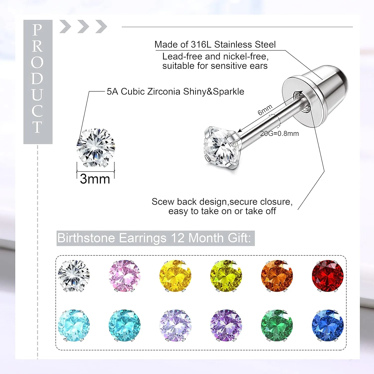 JeryWe 12 Pairs Screw Back Earrings for Women Stainless Steel Multicolored Cubic Zirconia Earrings 3mm /4mm/5mm Stud Earrings with Safety Backs Hypoallergenic Earrings for Women