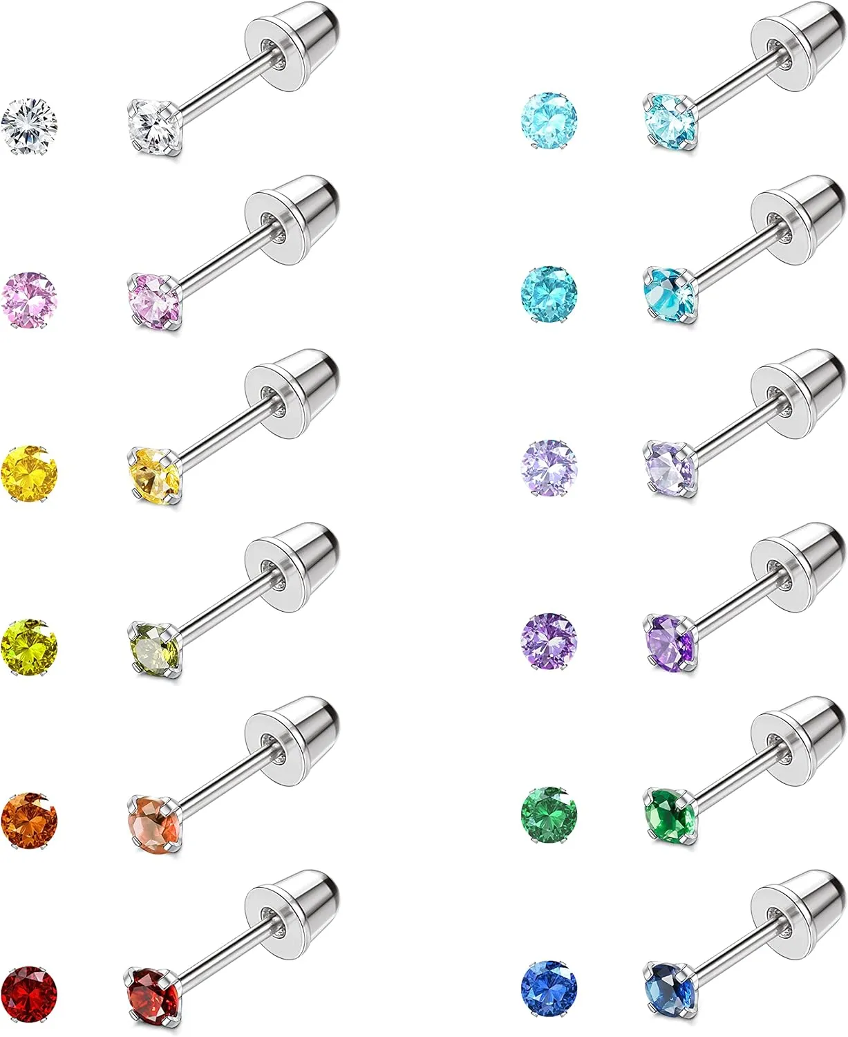 JeryWe 12 Pairs Screw Back Earrings for Women Stainless Steel Multicolored Cubic Zirconia Earrings 3mm /4mm/5mm Stud Earrings with Safety Backs Hypoallergenic Earrings for Women