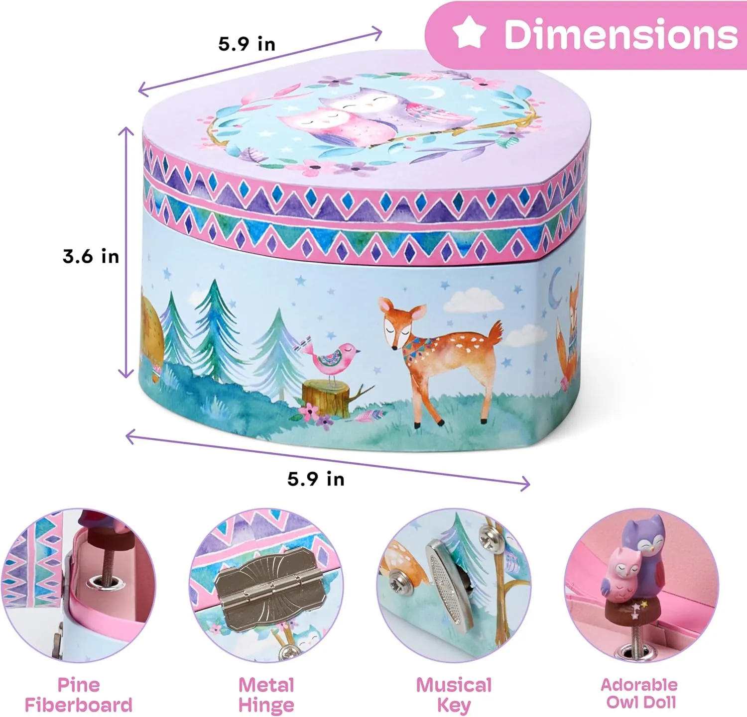 Jewelkeeper Music Jewelry Box for Girls - Sturdy Plastic with Fancy Mirror Twirling Owl Figurine and Flocked Lining - Kids Jewelry Box for Secrets and Keepsakes - Heart Shaped Owl Print Design
