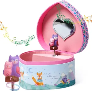 Jewelkeeper Music Jewelry Box for Girls - Sturdy Plastic with Fancy Mirror Twirling Owl Figurine and Flocked Lining - Kids Jewelry Box for Secrets and Keepsakes - Heart Shaped Owl Print Design