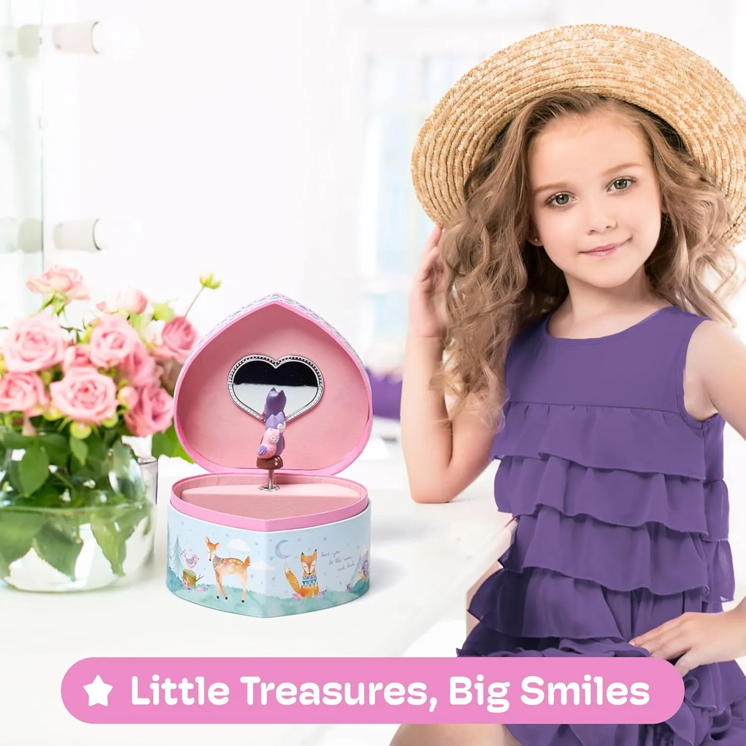 Jewelkeeper Music Jewelry Box for Girls - Sturdy Plastic with Fancy Mirror Twirling Owl Figurine and Flocked Lining - Kids Jewelry Box for Secrets and Keepsakes - Heart Shaped Owl Print Design