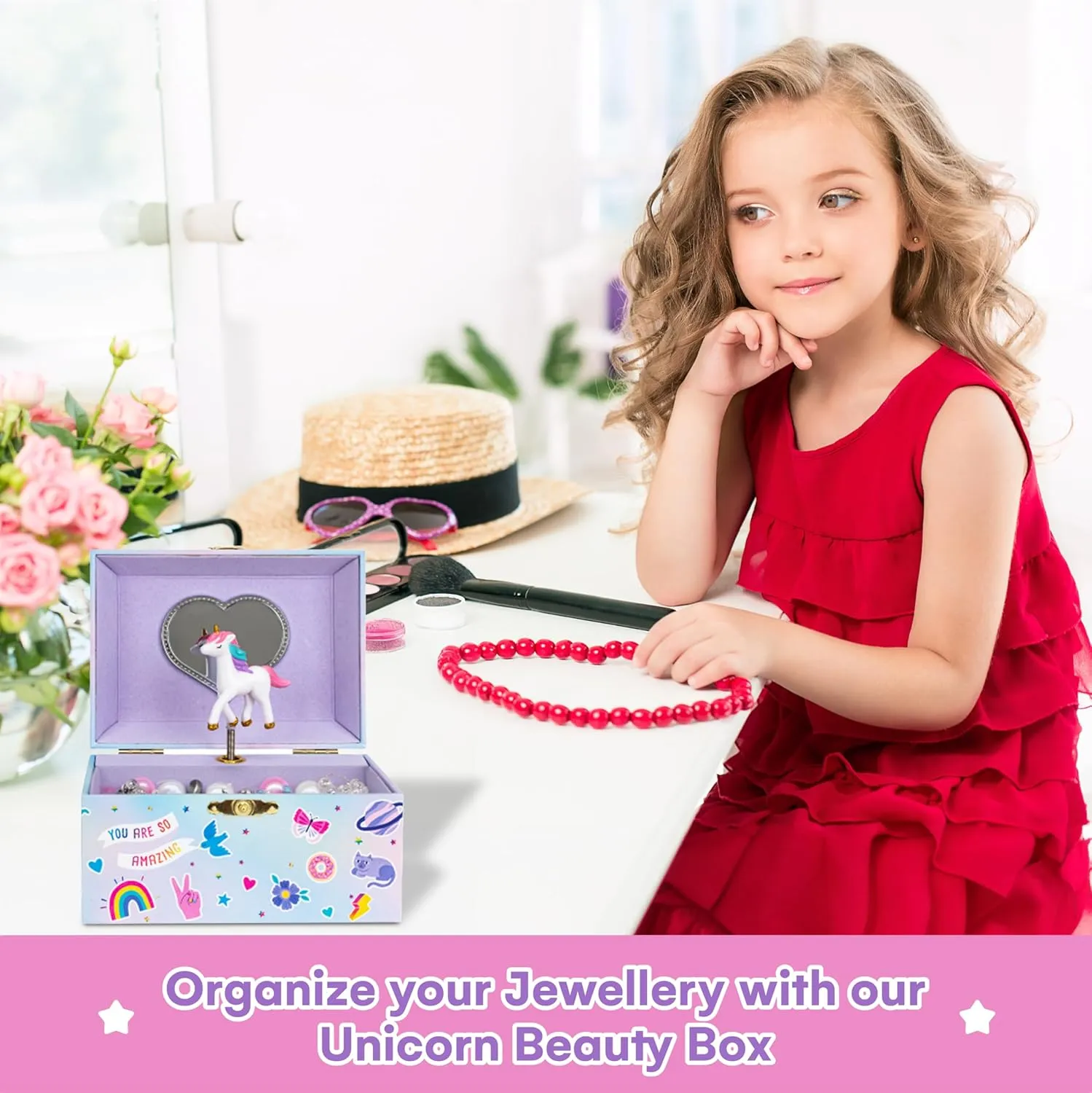 Jewelkeeper Musical Jewelry Box for Kids with Alphabet Sticker Sheet - Girls Unicorn Jewellery Box - Toddler Wind Up Play Toy Music Box - Children's Earring Storage Holder - 5.8 x 3.3 x 4.1 inch