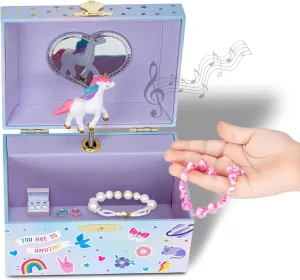 Jewelkeeper Musical Jewelry Box for Kids with Alphabet Sticker Sheet - Girls Unicorn Jewellery Box - Toddler Wind Up Play Toy Music Box - Children's Earring Storage Holder - 5.8 x 3.3 x 4.1 inch