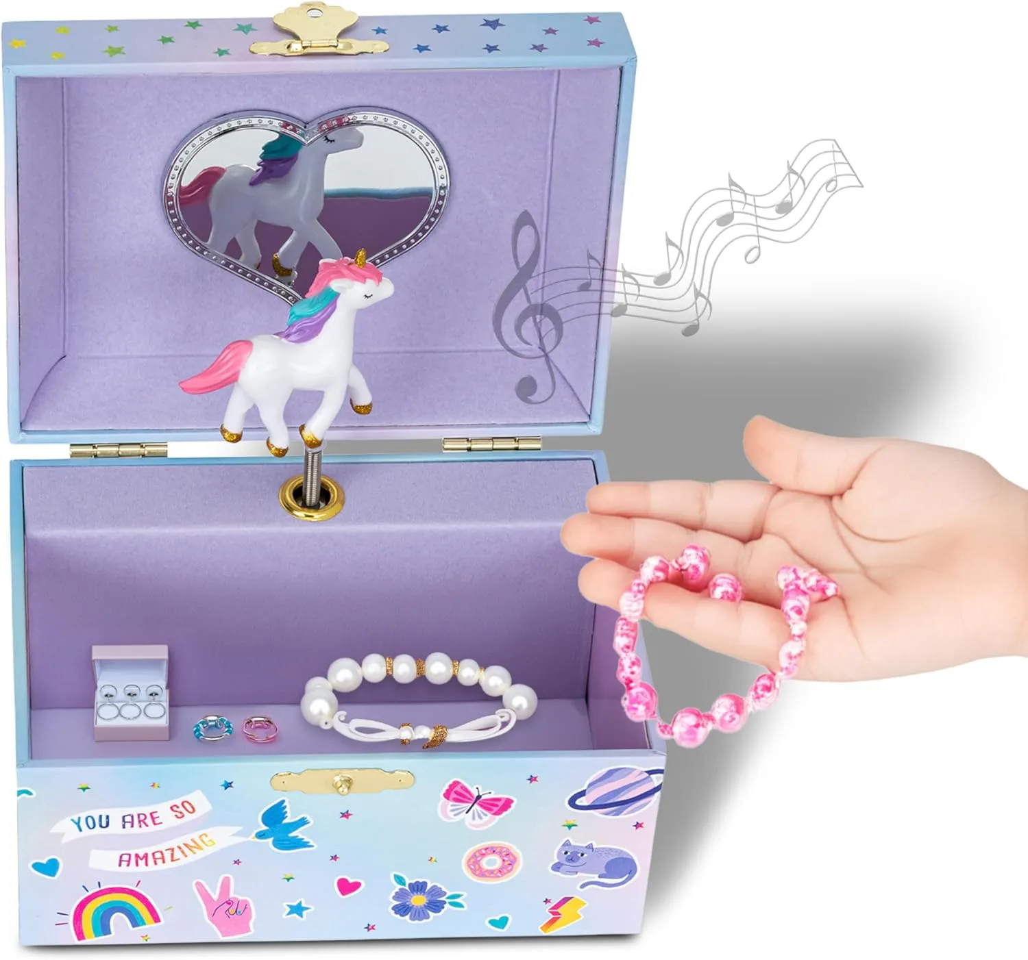 Jewelkeeper Musical Jewelry Box for Kids with Alphabet Sticker Sheet - Girls Unicorn Jewellery Box - Toddler Wind Up Play Toy Music Box - Children's Earring Storage Holder - 5.8 x 3.3 x 4.1 inch