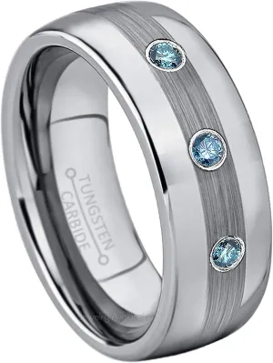 Jewelry Avalanche 8MM Polished Brushed Center Dome Tungsten Carbide Wedding Band - 0.21ctw Blue Diamond 3-Stone Tungsten Ring - April Birthstone Ring