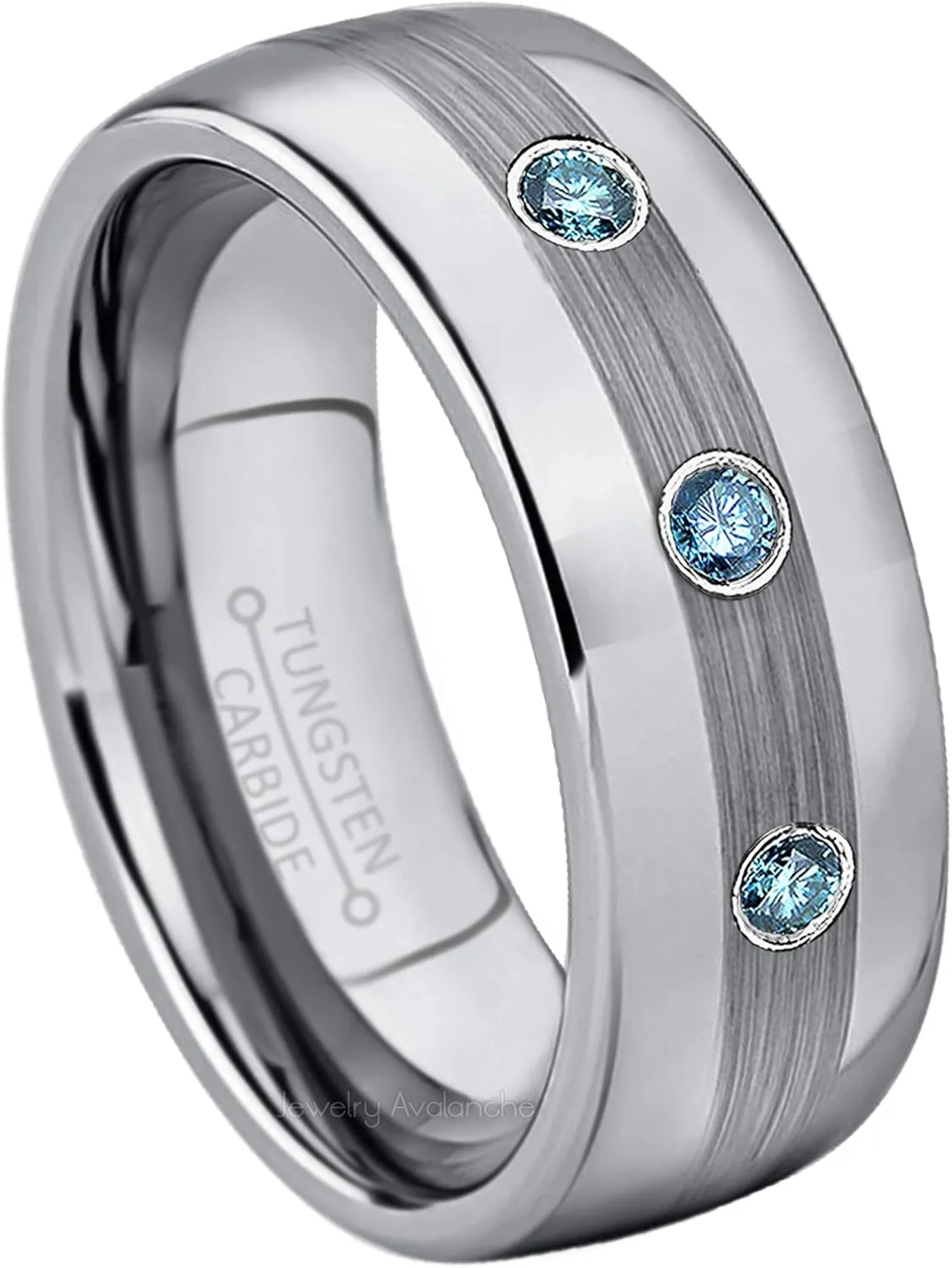 Jewelry Avalanche 8MM Polished Brushed Center Dome Tungsten Carbide Wedding Band - 0.21ctw Blue Diamond 3-Stone Tungsten Ring - April Birthstone Ring