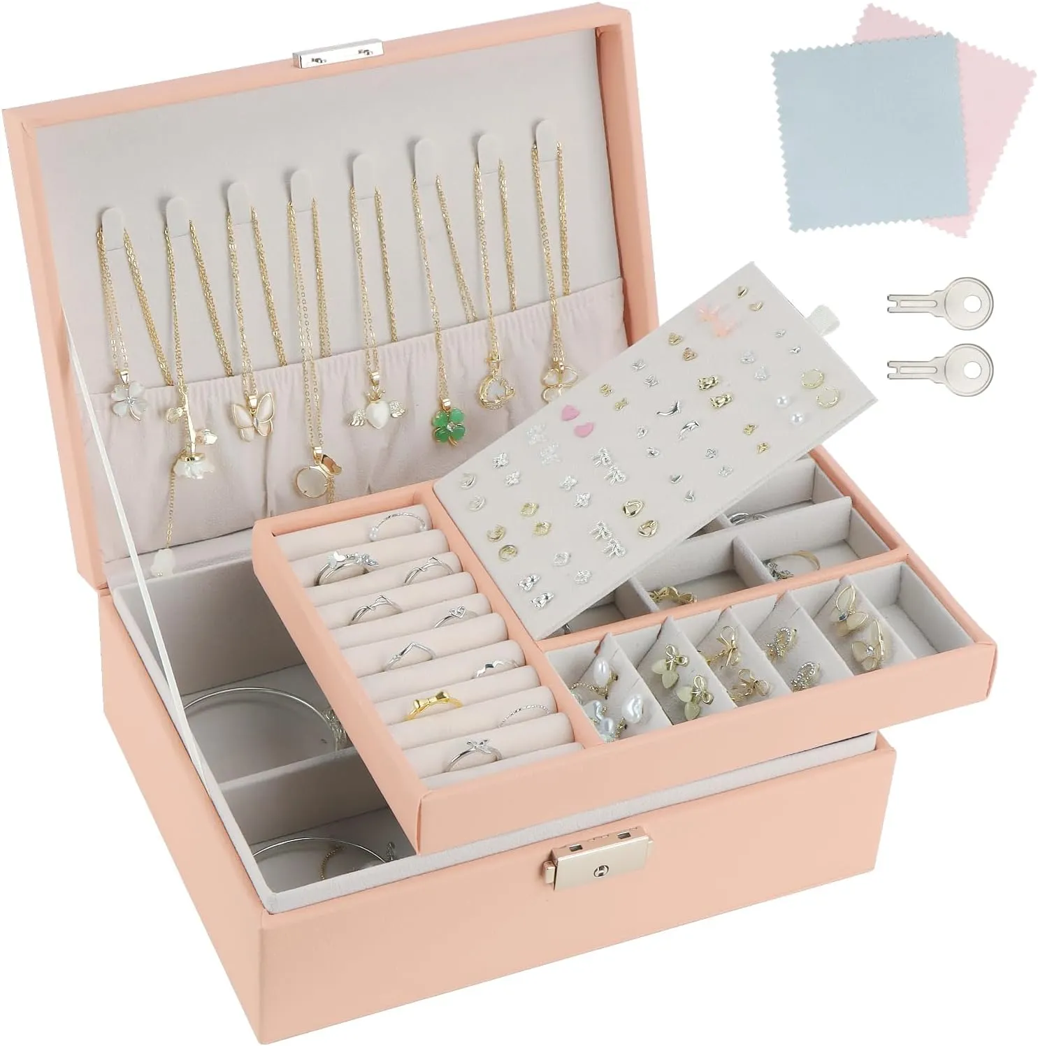 Jewelry Box Earring Holder Organiser for Girls Women,PU Leather Pink Jewellery box with Earrings Rings Necklaces Holder