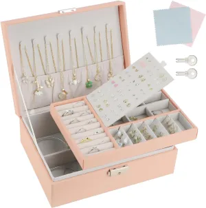 Jewelry Box Earring Holder Organiser for Girls Women,PU Leather Pink Jewellery box with Earrings Rings Necklaces Holder