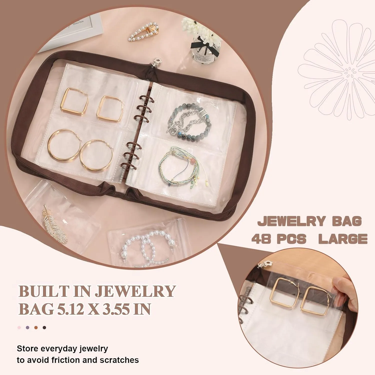 Jewelry Storage Book Transparent Earring Organizer Book travel jewelry organizer Book for Earrings Necklace Bracelet Ring, Brown