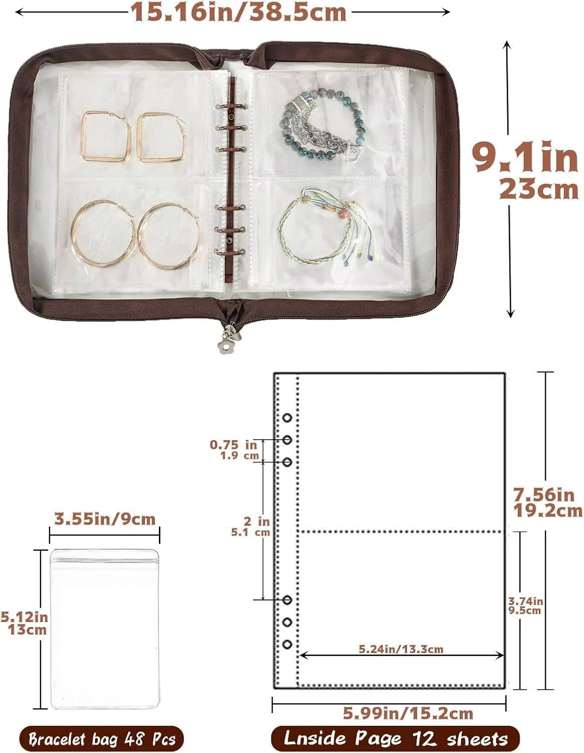 Jewelry Storage Book Transparent Earring Organizer Book travel jewelry organizer Book for Earrings Necklace Bracelet Ring, Brown