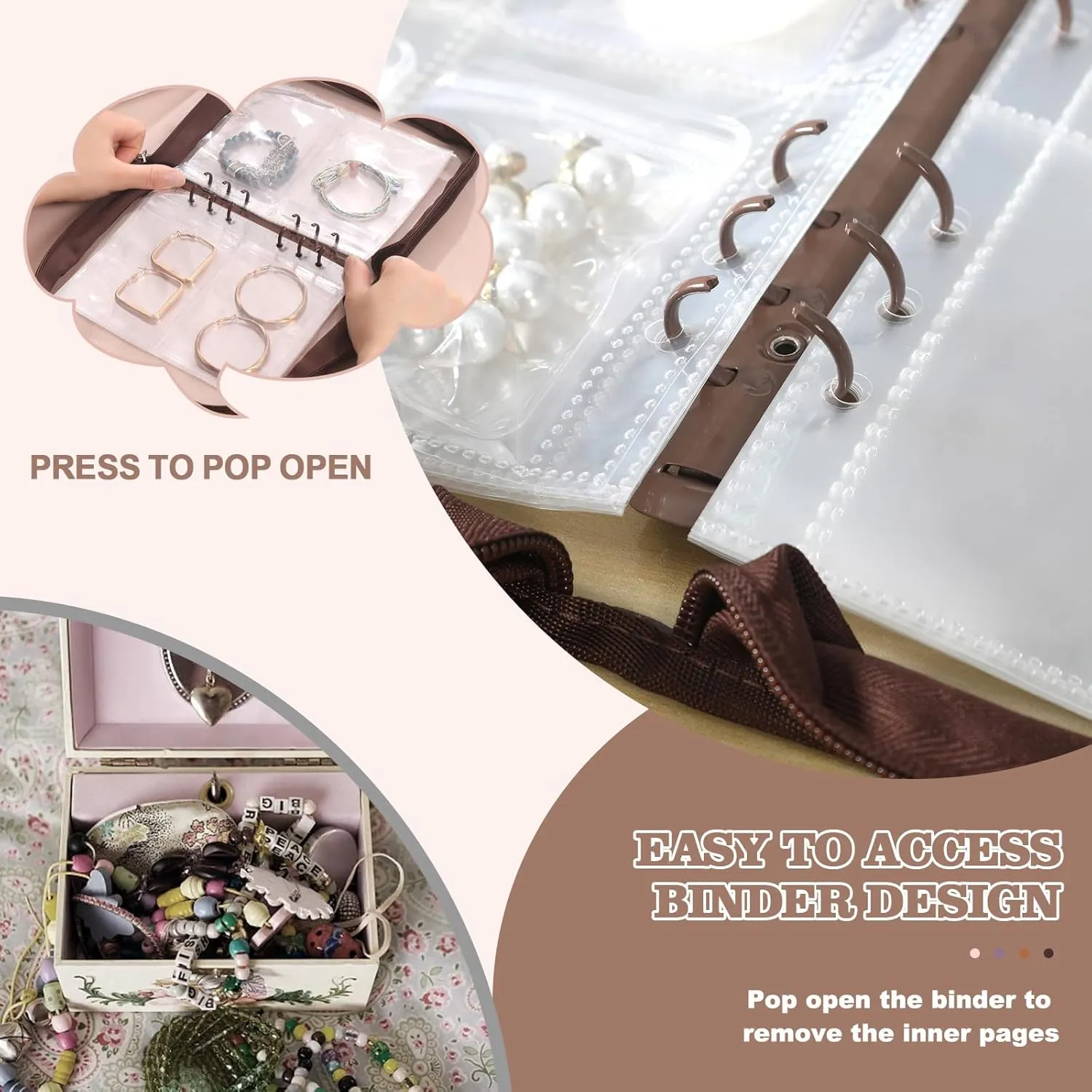 Jewelry Storage Book Transparent Earring Organizer Book travel jewelry organizer Book for Earrings Necklace Bracelet Ring, Brown