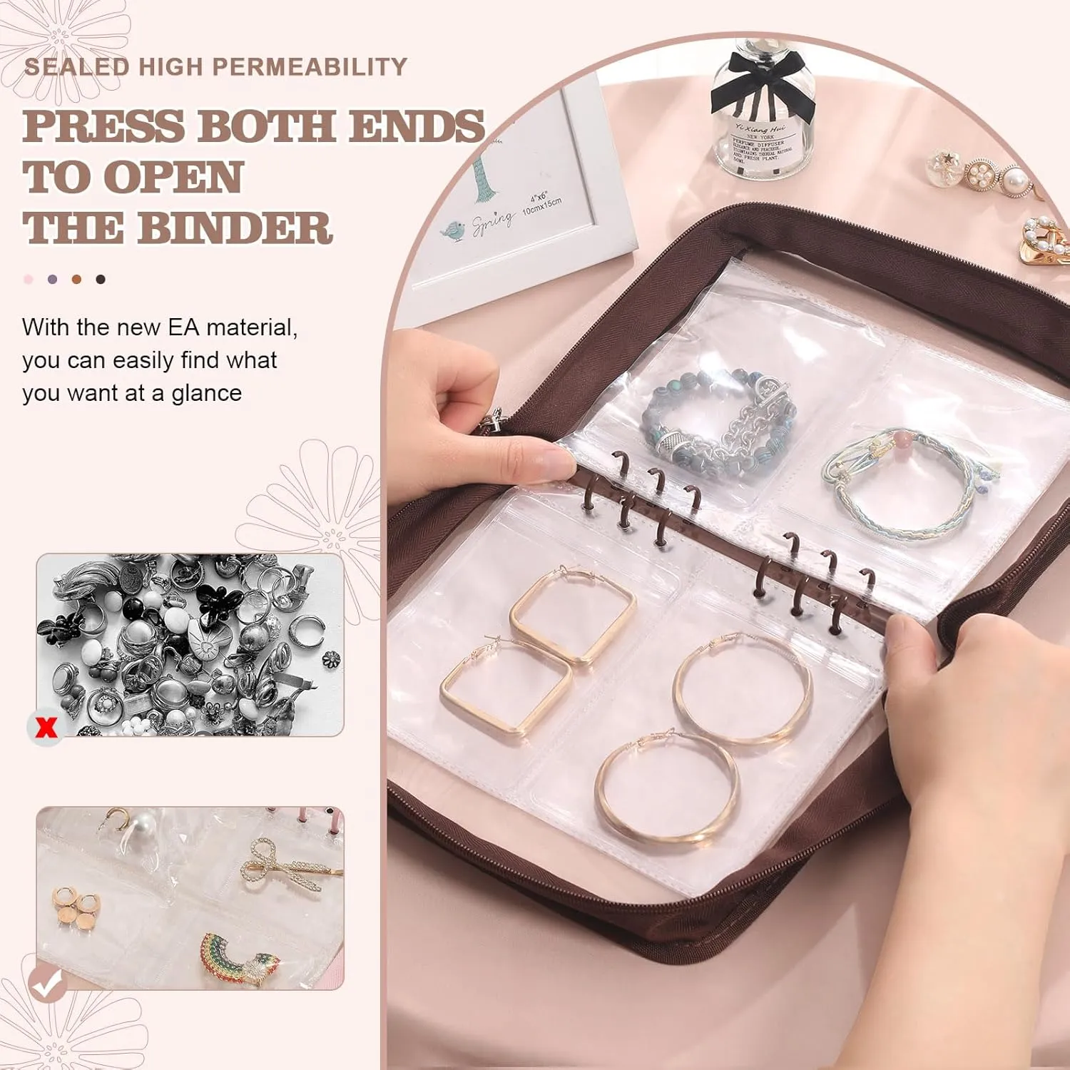 Jewelry Storage Book Transparent Earring Organizer Book travel jewelry organizer Book for Earrings Necklace Bracelet Ring, Brown